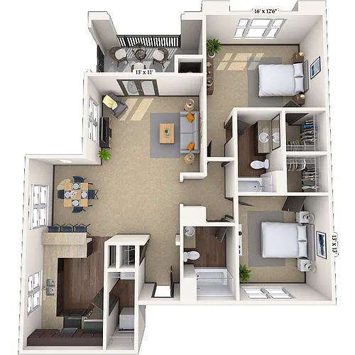 Floor plan Traditional 2x2 1166 SF