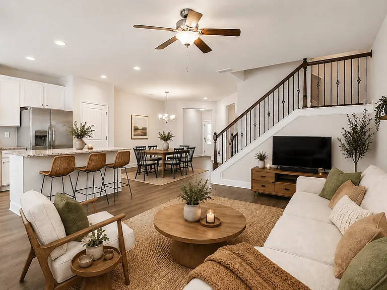 Elegant view of the living room and staircase.