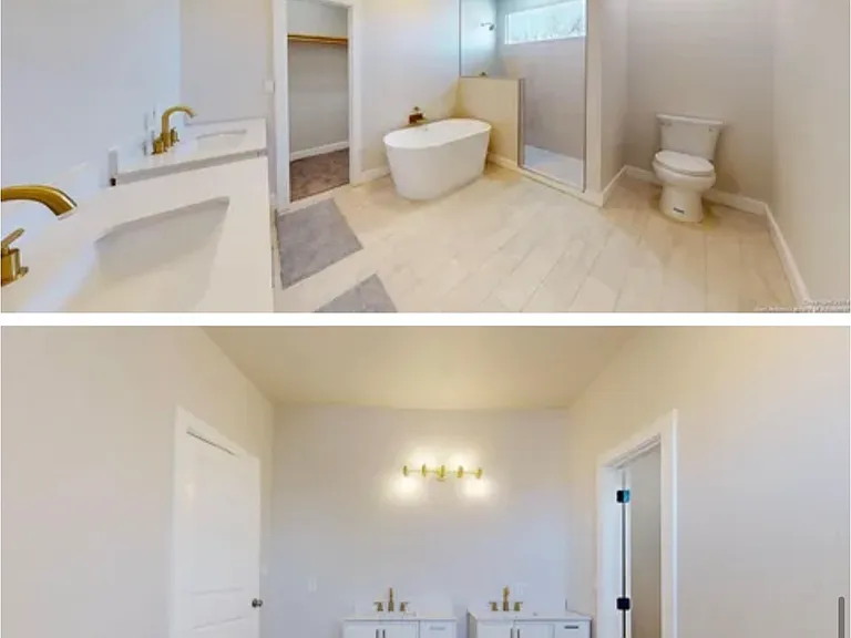 Master bathroom with beautiful walk-in shower, beautiful standalone bathtub and two separate sinks with walk-in closet