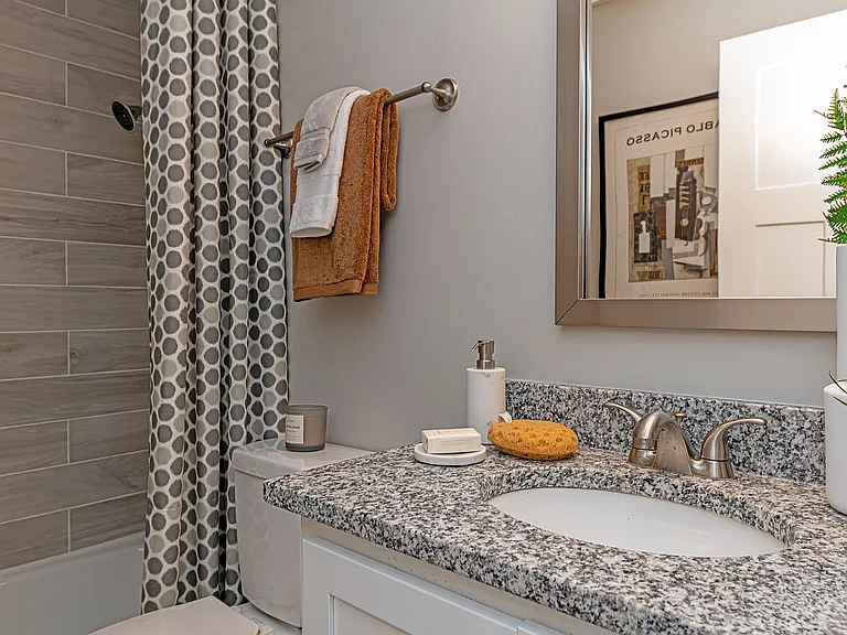 Bright bathroom with granite counters and bathtub
