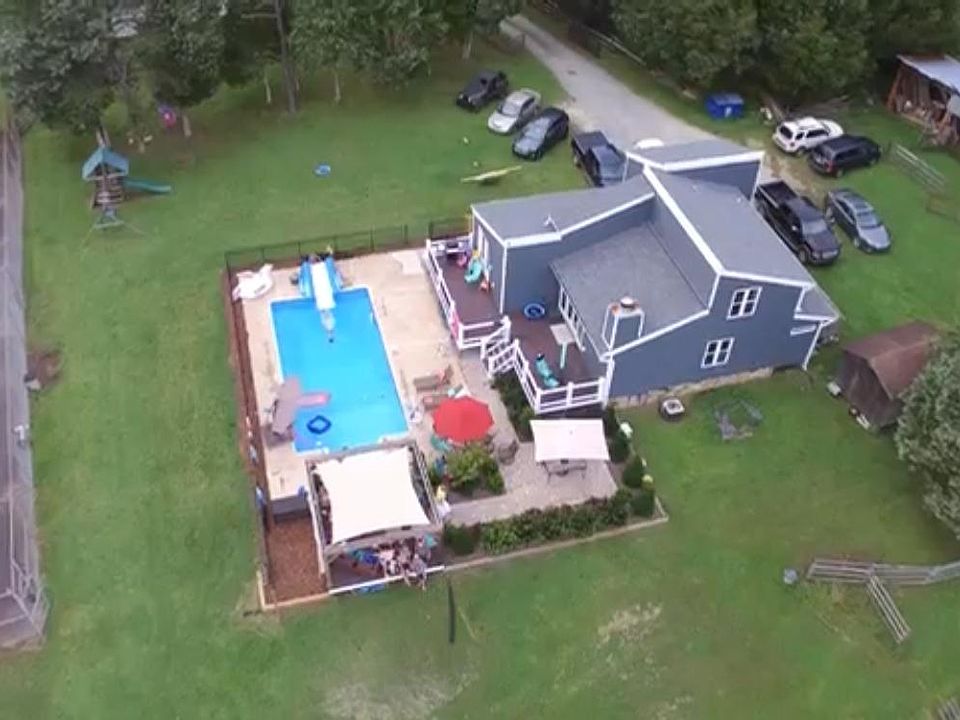Pool, yard, swingset and tennis court