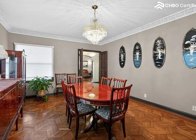 The formal dining room is entertainment ready
