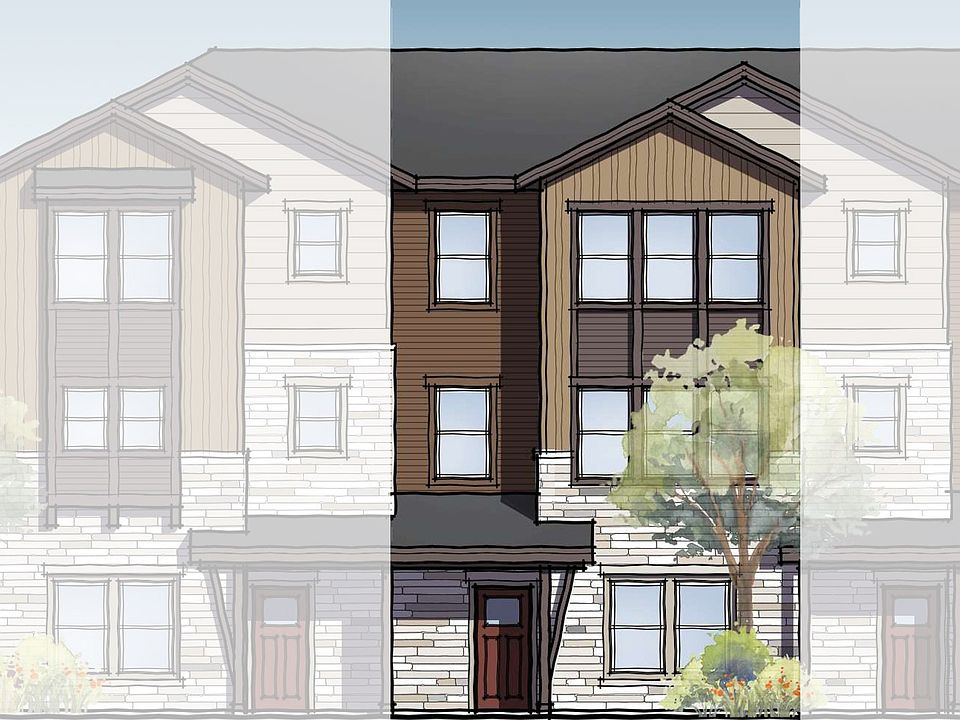 Elegant Aurora townhomes with mixed masonry and wood accents, large windows, and lush landscaping.