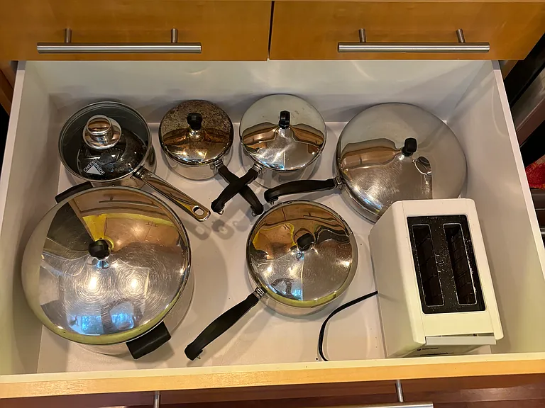 pots, pans, toaster