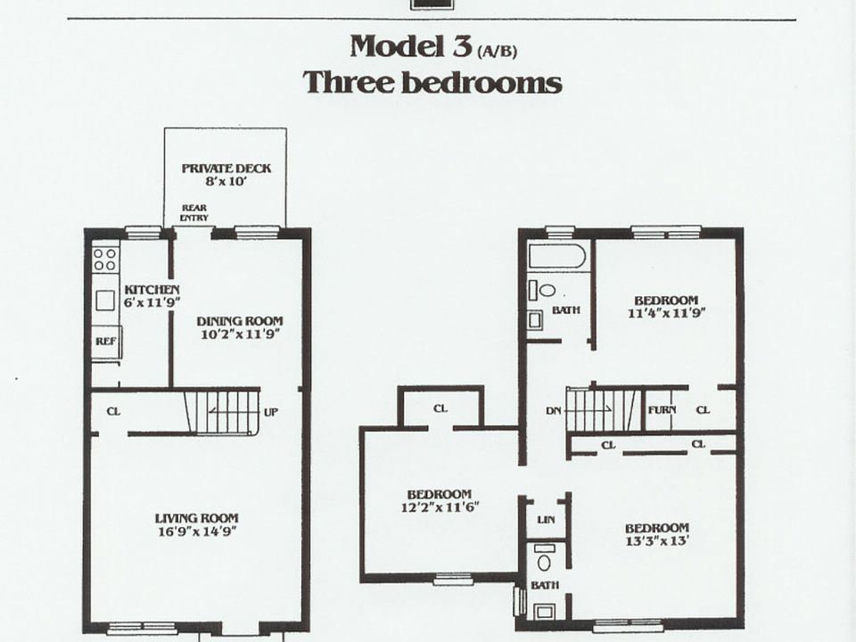 Layout of 3-bedroom townhouse 1.5 bathrooms