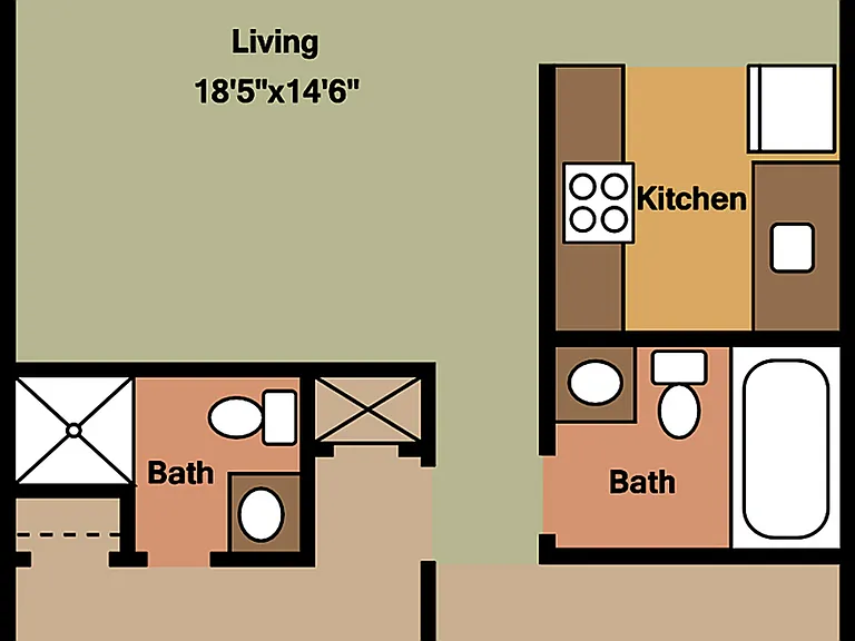 Spacious apartment floor plan featuring two bedrooms, two bathrooms, open living and dining area, and a cozy kitchen. Includes a private patio/balcony for outdoor relaxation. Spacious apartment floor plan featuring two bedrooms, two bathrooms, open living