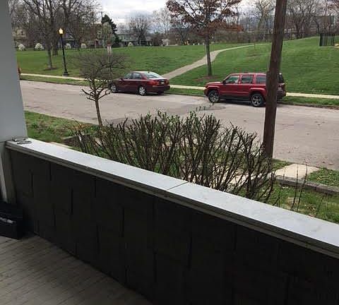 front porch overlooking Battelle Park and bike path