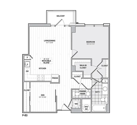 Floor plan 1Bed/1BathwDen-B3