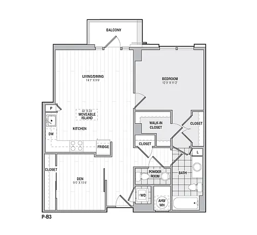 Floor plan 1Bed/1BathwDen-B3