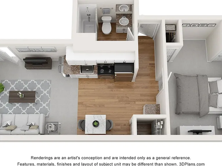 A photo of our 1x1 floor plan, The Sunrise.