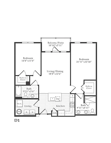 Floor plan 2 Bed/2 Bath-D1