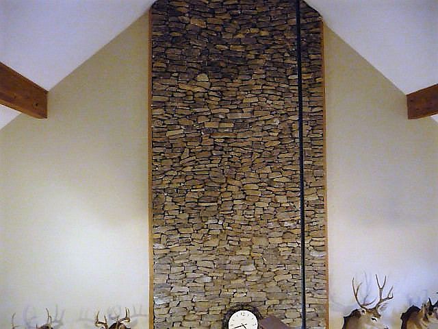 Stacked stone fireplace
