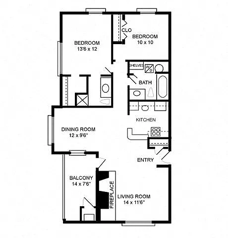 Floor plan 2 Bed, 2 Bath 1072 SF, 22a