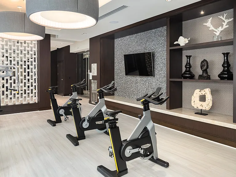Bike Room with Modern Fitness Bikes and Decorative Wall Accents
