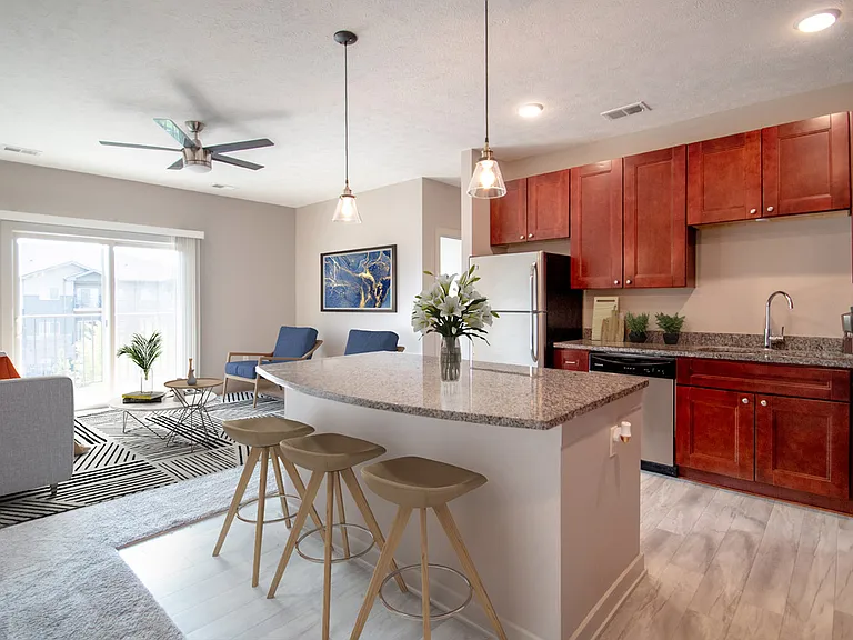 Staged kitchen with seating at Avenue 204.