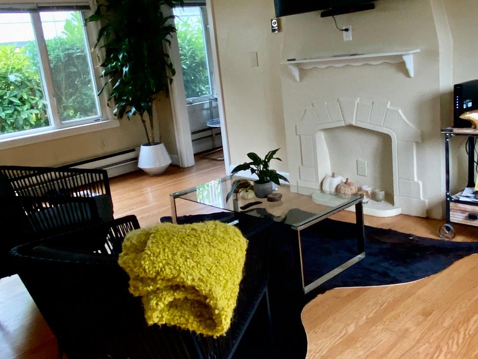Living room with north and south facing windows. The north windows face lots of green and privacy