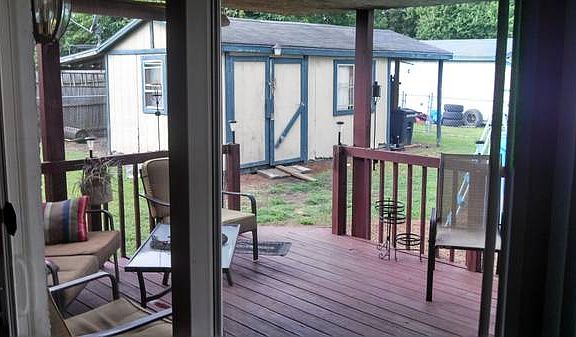 Looking out at deck/ shop