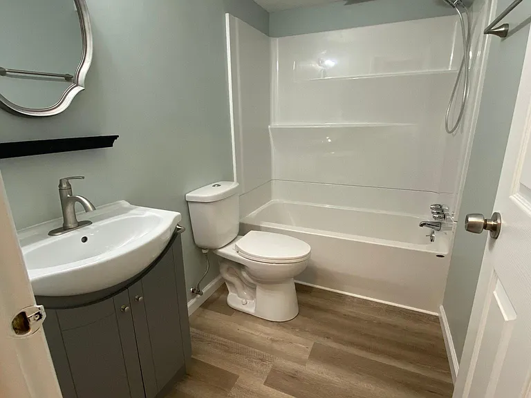 Euro vanity and sink, With all new Moen fixtures, tub and shower
