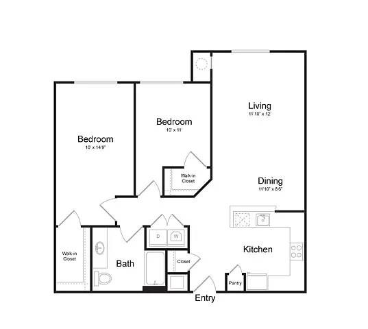 Floor plan Two Bedroom One Bath (964 SF)