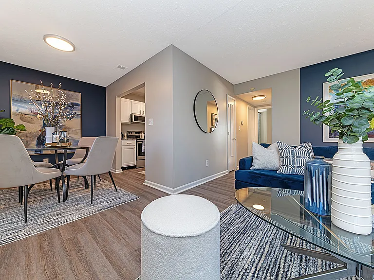 Dining & living area with hardwood-style flooring