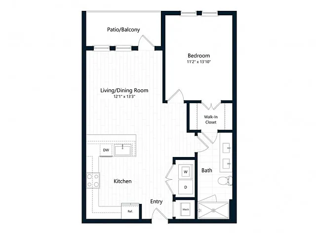 Floor plan One Bedroom One Bath (729 SF)