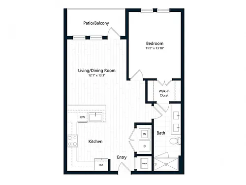 Floor plan One Bedroom One Bath (729 SF)
