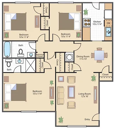 Floor plan 3 Bed - 2 Bath