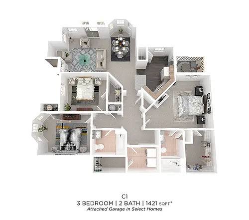 Floor plan Three Bedroom 2 Bath - 1,421 sqft