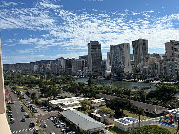 View of Diamond Head, Ala Wai canal and Ala Wai Elementary school and Iolani School