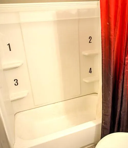 Full size bath and shower system with an individual shelf for each room.