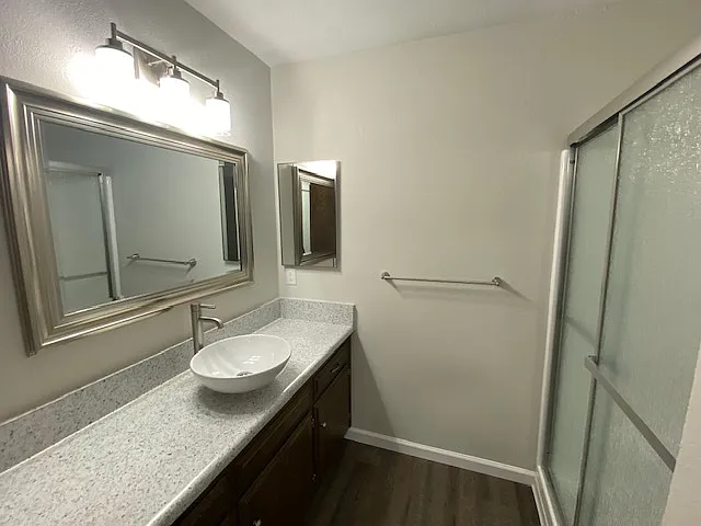 Upgraded 2x2 at Laurelwood West Villas master bath