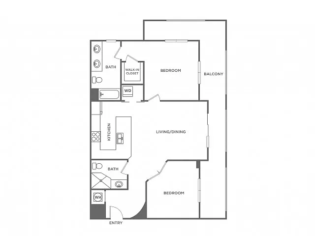 Floor plan One Bedroom Two Bath Den (975 SF)