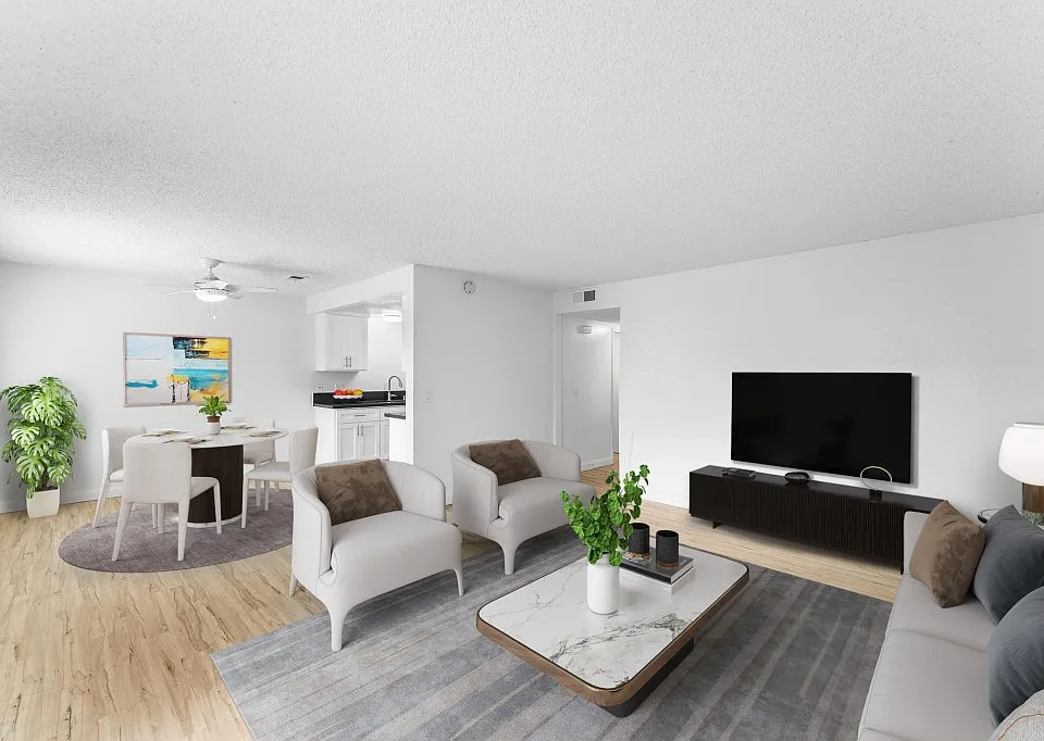 Open to dining area and kitchen.