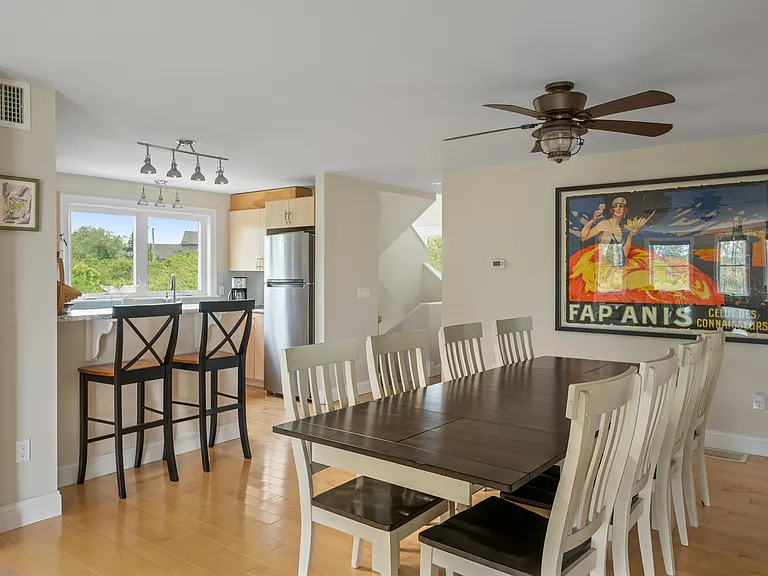 the kitchen and the open plan dining room
