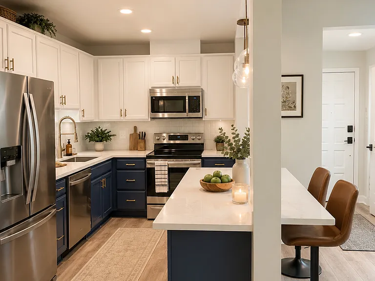 Galley kitchen with large island with bar stools