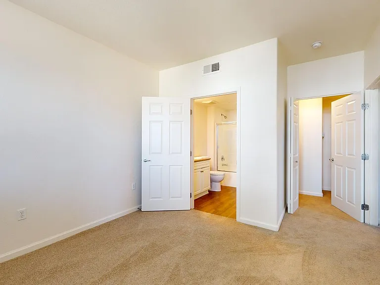 Spacious apartment bedroom with large closet, attached bathroom, and plush carpet flooring.