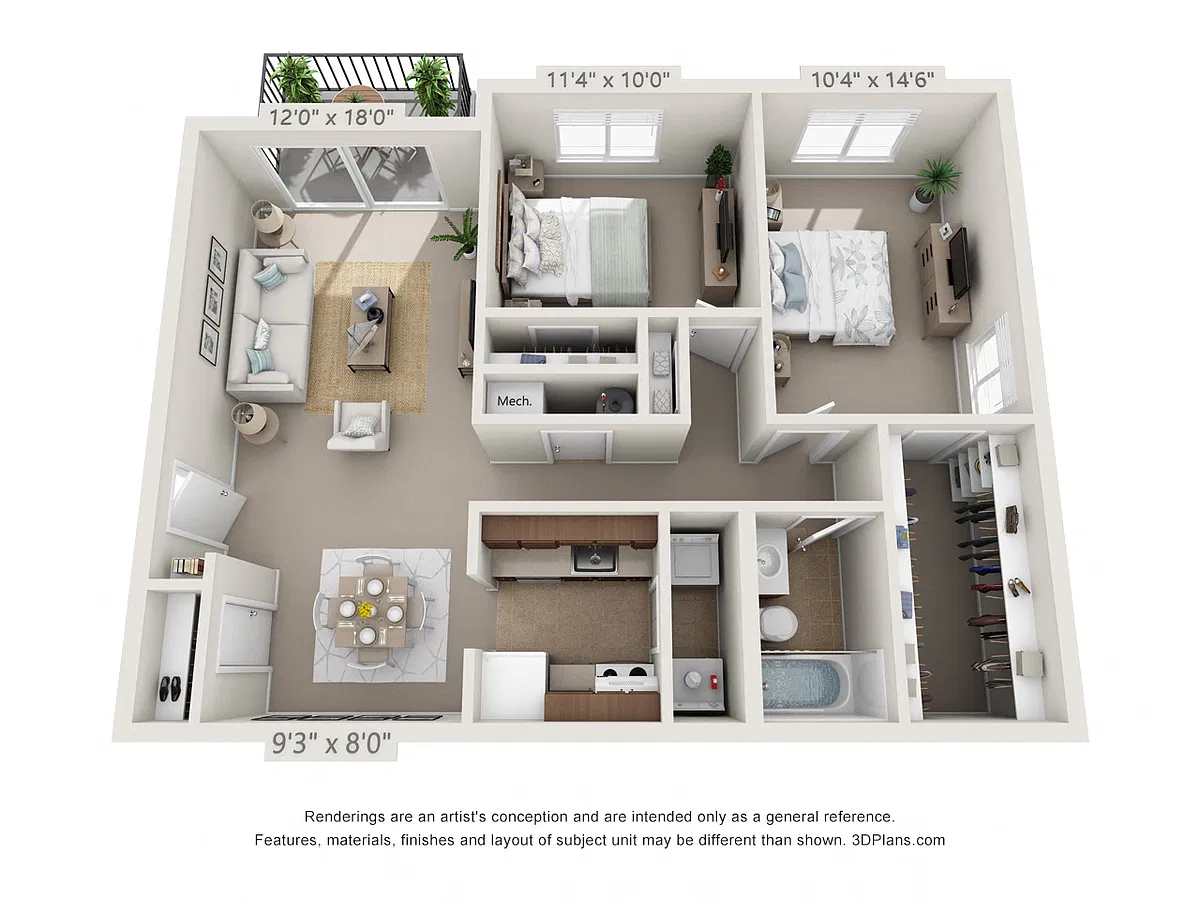 Floor plan Sycamore2 Bedroom, 1 Bath w/Balcony (W/D Conn.)