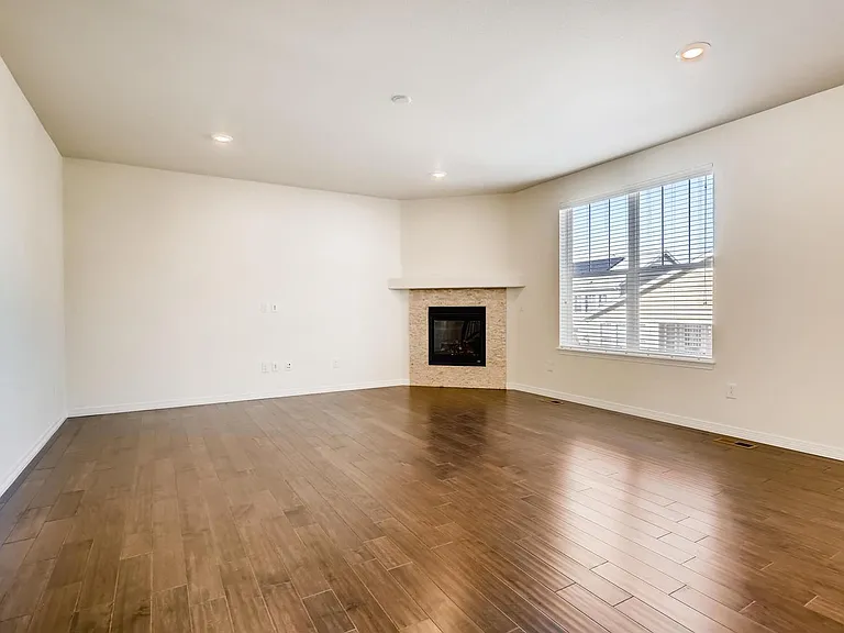 Custom fireplace. Wood floors everywhere.