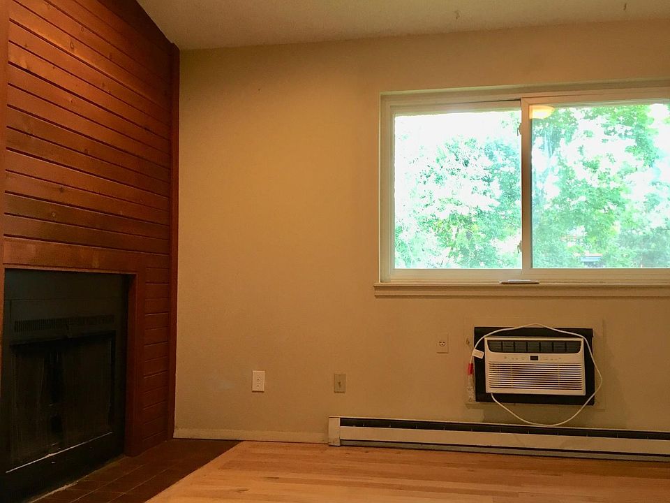 Living room, showing FP and AC and greenery out the window.