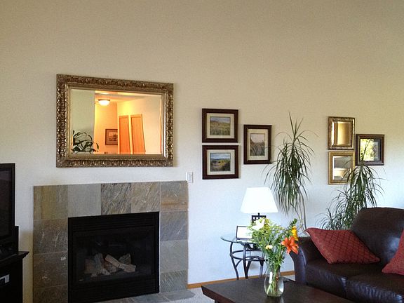 Stone accents the gas fireplace~perfect for a warm welcoming
