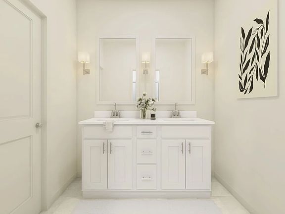 Primary bath with freestanding dual vanities