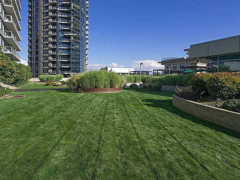Apartment community eco terrace at Griffis South Waterfront in Portland, Oregon.
