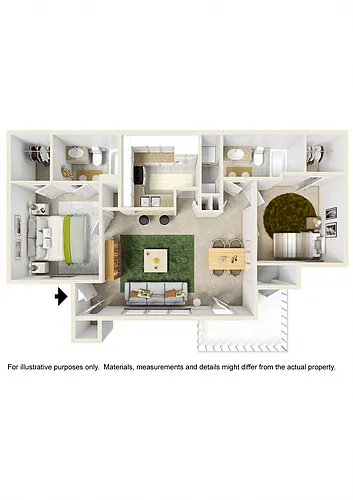 Floor plan 2 Bed 2 Bath with Fireplace