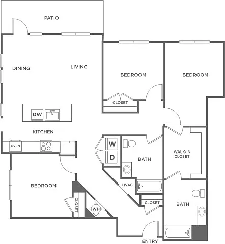 Floor plan Three Bedroom Three Bath (1,677 SF)