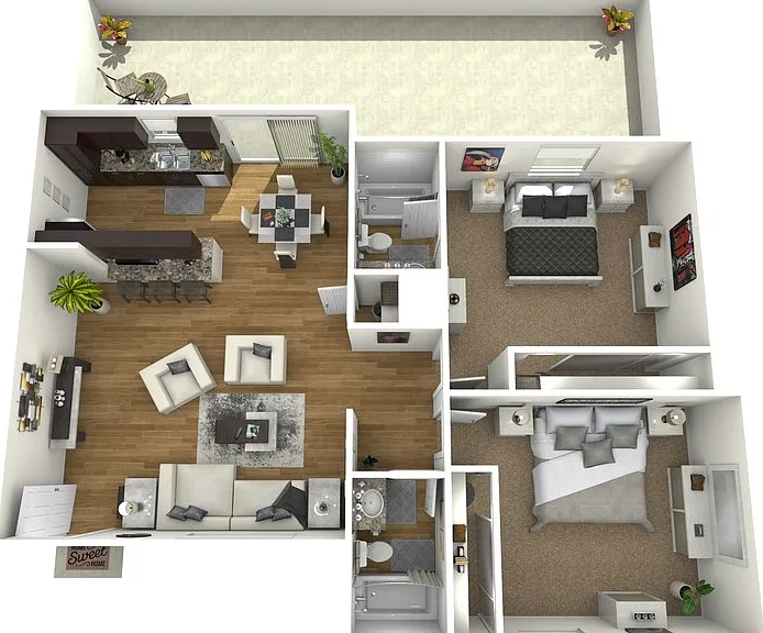 2 Bed 2 Bath Down Deluxe Floorplan Diagram