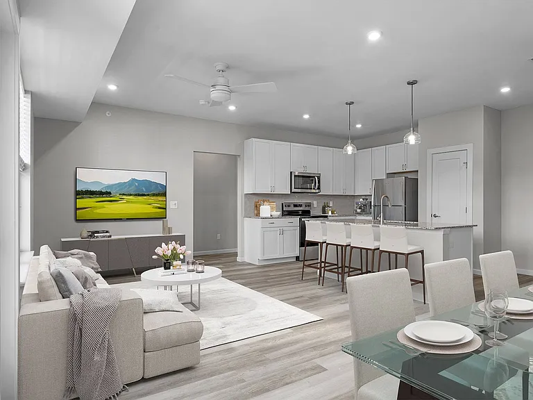 Kitchen Island, Dining, and Living Room