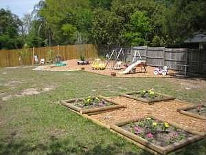Very large landscaped back yard with playset