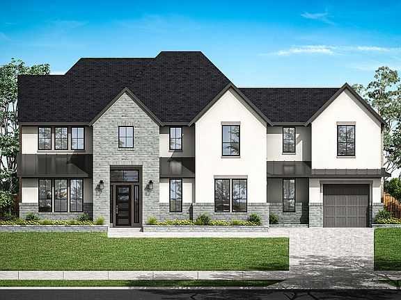 A two-story residential building with a stone exterior, black roof, and a well-manicured lawn in the