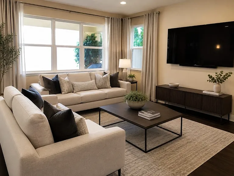 The open floor plan features generous living and dining areas