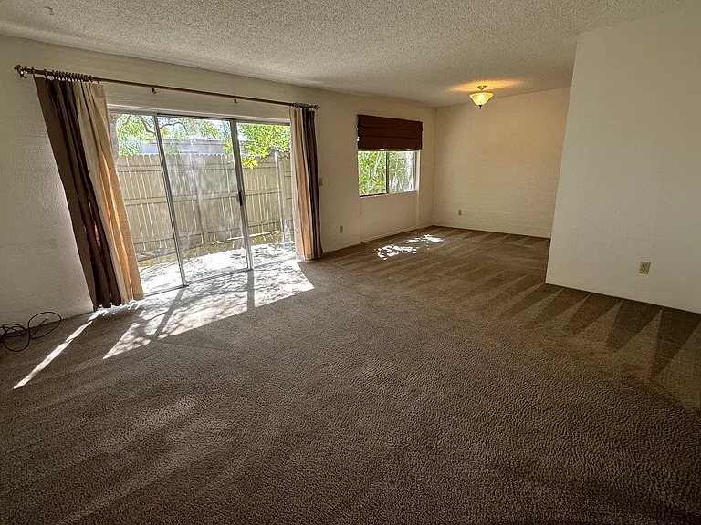 Combined living and dining rooms with back patio off dining room. (Carpet is currently being replaced with porcelain tile.)